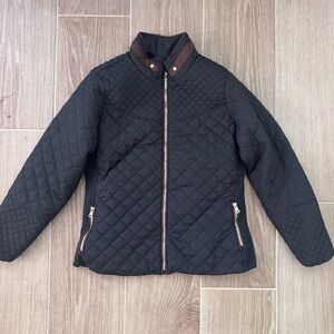 Novish Quilted Black Zip-Up Jacket with Brown Trim